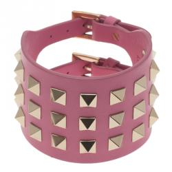 مملوكة مسبقًا Valentino Rockstud Wide Pink Leather Gold Tone Bracelet