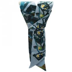 Pre Owned Valentino Light Blue Spider Monkey Printed Silk Neck Scarf