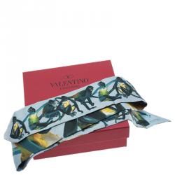 Pre Owned Valentino Light Blue Spider Monkey Printed Silk Neck Scarf