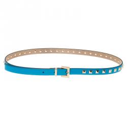 Pre Owned Valentino Sky Blue Leather  Studded Skinny Belt 75 CM