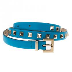 Pre Owned Valentino Sky Blue Leather  Studded Skinny Belt 75 CM