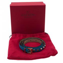 Pre Owned Valentino Sky Blue Leather  Studded Skinny Belt 75 CM