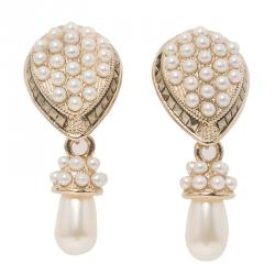 Pre Owned Valentino Faux Pearl Gold Tone Drop Clip On Earrings
