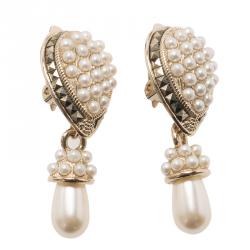 Pre Owned Valentino Faux Pearl Gold Tone Drop Clip On Earrings