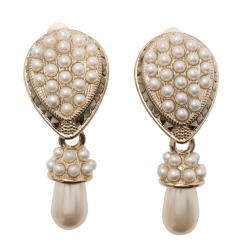 Pre Owned Valentino Faux Pearl Gold Tone Drop Clip On Earrings