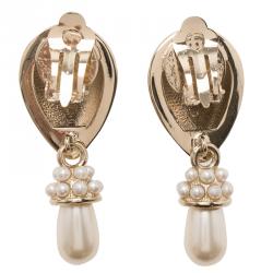 Pre Owned Valentino Faux Pearl Gold Tone Drop Clip On Earrings