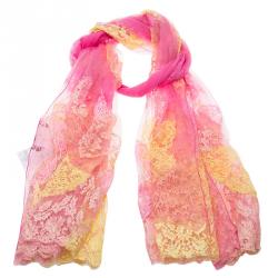 Pre Owned Valentino Pink & Yellow Floral Net Lace Scarf