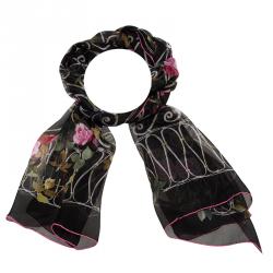 Pre Owned Valentino Black Rose Trellis Printed Silk Scarf 