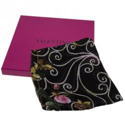 Pre Owned Valentino Black Rose Trellis Printed Silk Scarf 