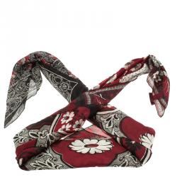 Pre Owned Valentino Black and Red Floral Printed Silk Square Stole