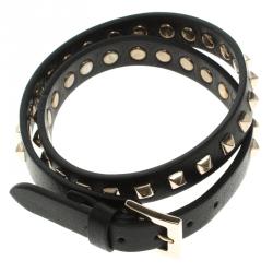 Pre Owned Valentino Gold Tone Rockstuds Black Leather Double Wrap Bracelet