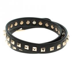 Pre Owned Valentino Gold Tone Rockstuds Black Leather Double Wrap Bracelet