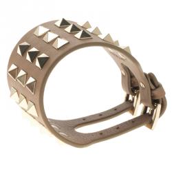 Pre Owned Valentino Rockstud Beige Leather Gold Tone Cuff Bracelet One Size