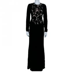 Pre Owned Valentino Black Floral Inset Velvet Gown M