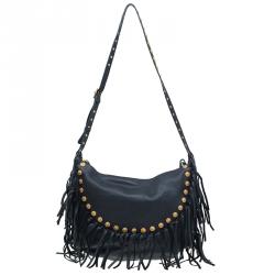 Pre Owned Valentino Black Leather C Rockee Studded Fringe Hobo Bag