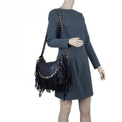 Pre Owned Valentino Black Leather C Rockee Studded Fringe Hobo Bag