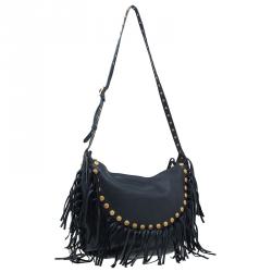 Pre Owned Valentino Black Leather C Rockee Studded Fringe Hobo Bag