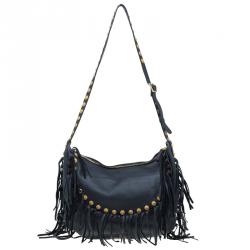 Pre Owned Valentino Black Leather C Rockee Studded Fringe Hobo Bag