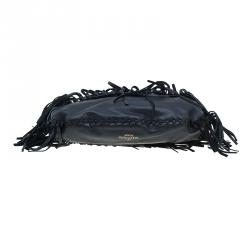 Pre Owned Valentino Black Leather C Rockee Studded Fringe Hobo Bag