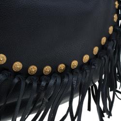 Pre Owned Valentino Black Leather C Rockee Studded Fringe Hobo Bag