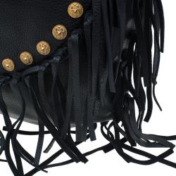 Pre Owned Valentino Black Leather C Rockee Studded Fringe Hobo Bag