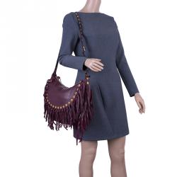 Pre Owned Valentino Burgundy Leather C Rockee Studded Fringe Hobo Bag