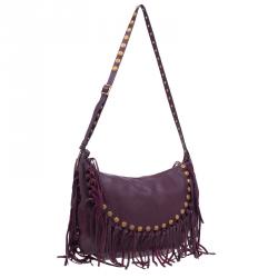 Pre Owned Valentino Burgundy Leather C Rockee Studded Fringe Hobo Bag
