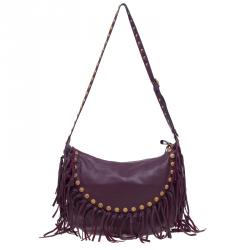 Pre Owned Valentino Burgundy Leather C Rockee Studded Fringe Hobo Bag