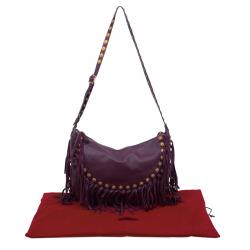 Pre Owned Valentino Burgundy Leather C Rockee Studded Fringe Hobo Bag