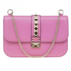 Pre Owned Valentino Pink Leather Rockstud Medium Glam Lock Flap Bag
