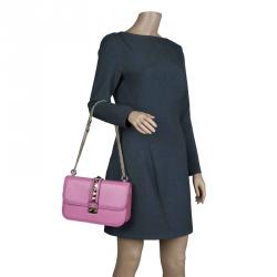 Pre Owned Valentino Pink Leather Rockstud Medium Glam Lock Flap Bag