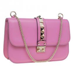 Pre Owned Valentino Pink Leather Rockstud Medium Glam Lock Flap Bag