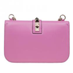 Pre Owned Valentino Pink Leather Rockstud Medium Glam Lock Flap Bag