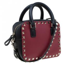 Pre Owned Valentino Red/Black Leather Mini Rockstud Top Handle Bag