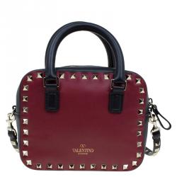 Pre Owned Valentino Red/Black Leather Mini Rockstud Top Handle Bag