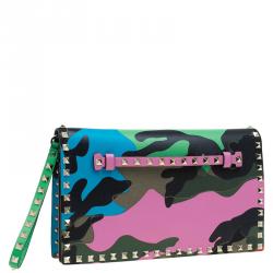 Pre Owned Valentino Multicolor Leather Camouflage Rockstud Wristlet Clutch