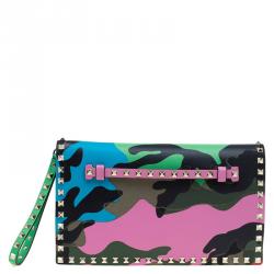 Pre Owned Valentino Multicolor Leather Camouflage Rockstud Wristlet Clutch