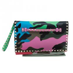 Pre Owned Valentino Multicolor Leather Camouflage Rockstud Wristlet Clutch
