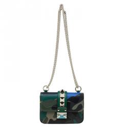 Pre Owned Valentino Camouflage Leather/Canvas Mini Rockstud Lock Flap Crossbody Bag