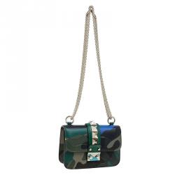 Pre Owned Valentino Camouflage Leather/Canvas Mini Rockstud Lock Flap Crossbody Bag