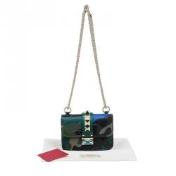 Pre Owned Valentino Camouflage Leather/Canvas Mini Rockstud Lock Flap Crossbody Bag