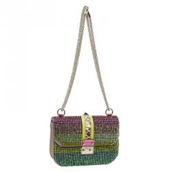 Pre Owned Valentino Multicolor Crystal Embellished Leather Small Glam Lock Flap Bag