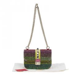 Pre Owned Valentino Multicolor Crystal Embellished Leather Small Glam Lock Flap Bag