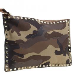 Pre Owned Valentino Camouflage Canvas and Leather Rockstud Flat Zip Clutch