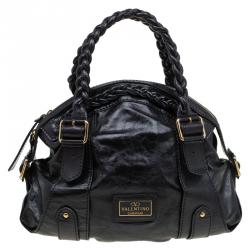Pre Owned Valentino Black Glaze Leather Braided Handle Dome Satchel