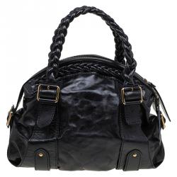 Pre Owned Valentino Black Glaze Leather Braided Handle Dome Satchel