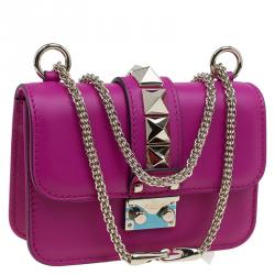 Pre Owned Valentino Magenta Leather Mini Glam Lock Flap Bag