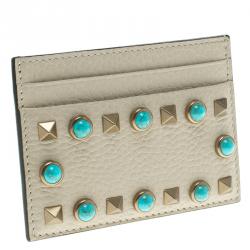 Valentino Off White Leather Rockstud Embellished Card Holder
