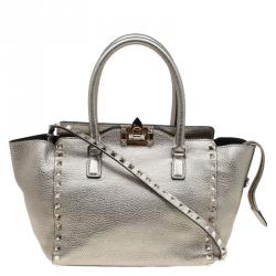 Pre Owned Valentino Metallic Grey Leather Small Rockstud Shopper Tote