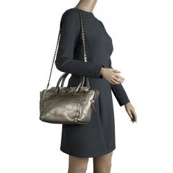 Pre Owned Valentino Metallic Grey Leather Small Rockstud Shopper Tote